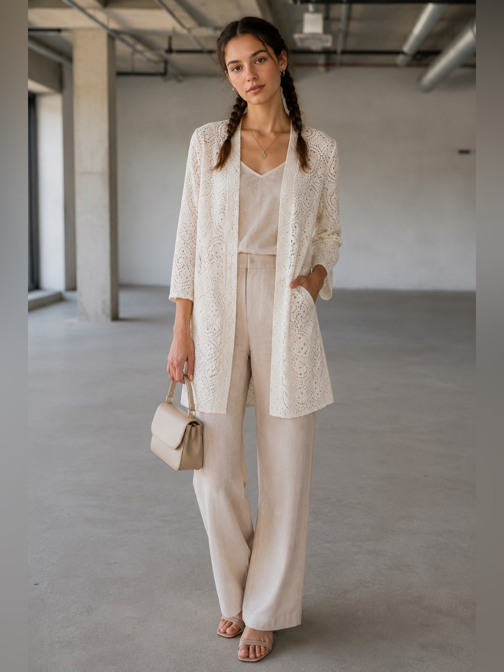 Nina Leonard White Mesh Style Lace Duster Jacket large